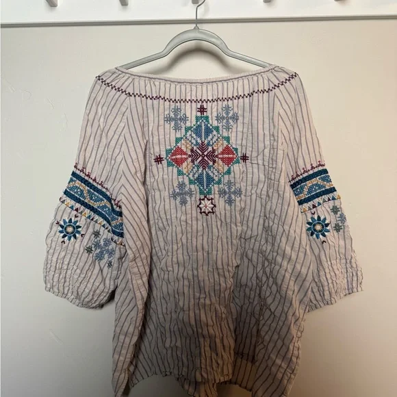 Johnny Was Striped Embroidered Blouse - Blue and Red - Picture 3 of 9